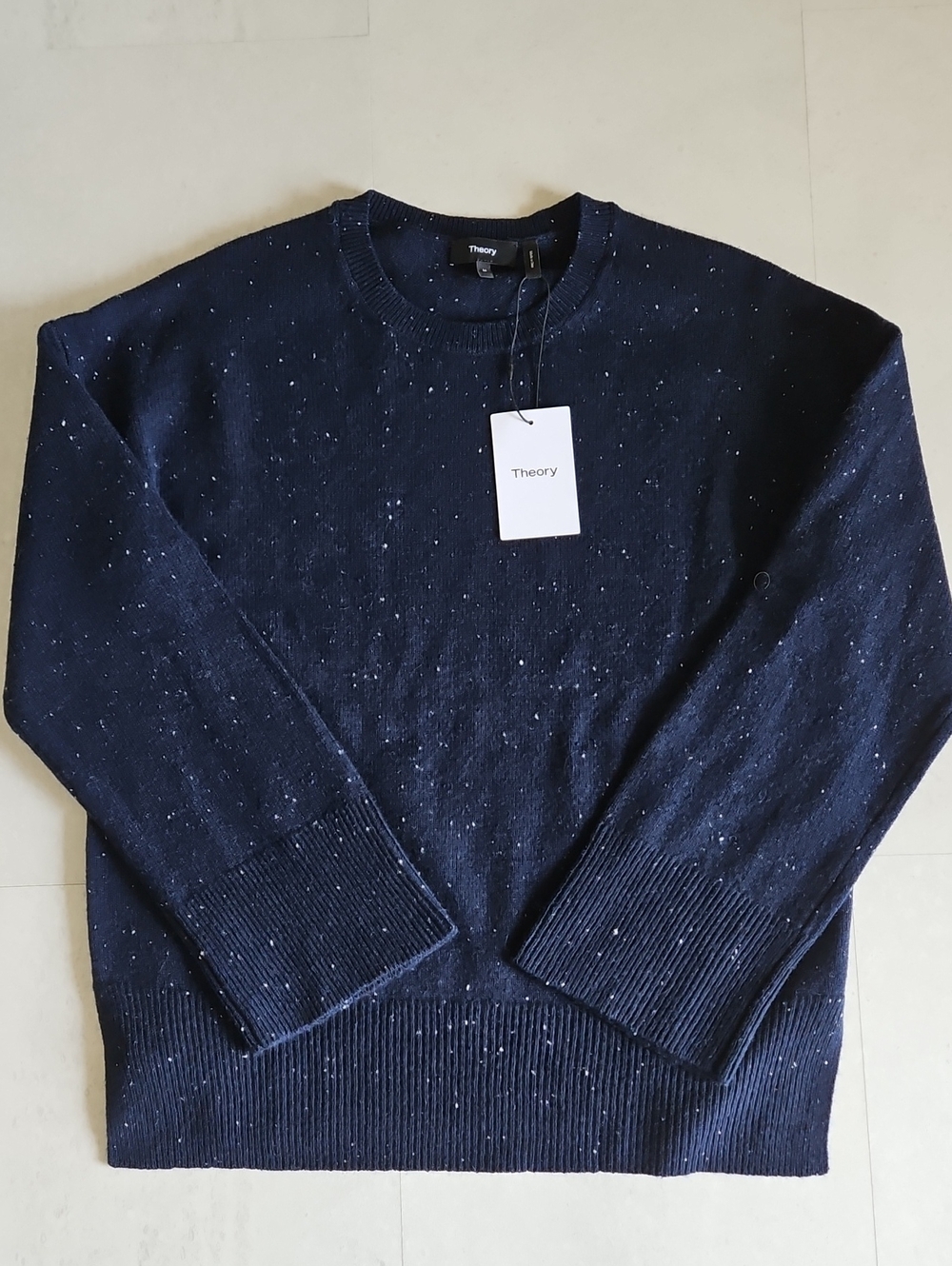 Theory Women Navy Karenia Long Sleeve Crewneck Flecked Knit Sweater Size Medium